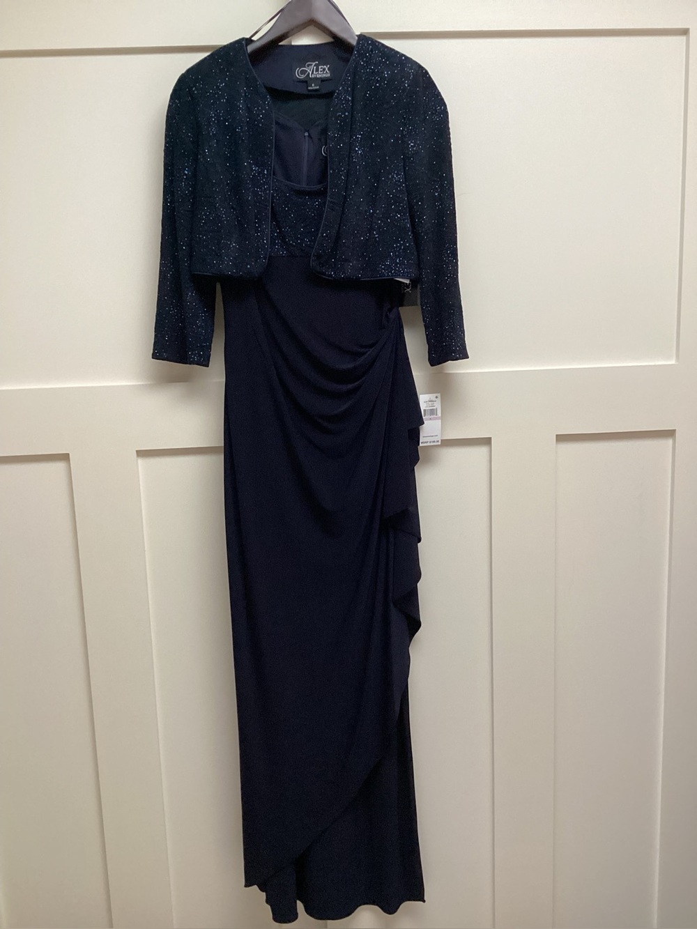 ALEX EVENINGS Matte Jersey Gown with Jacquard Bolero Jacket in Dark Navy. - Picture 8 of 12